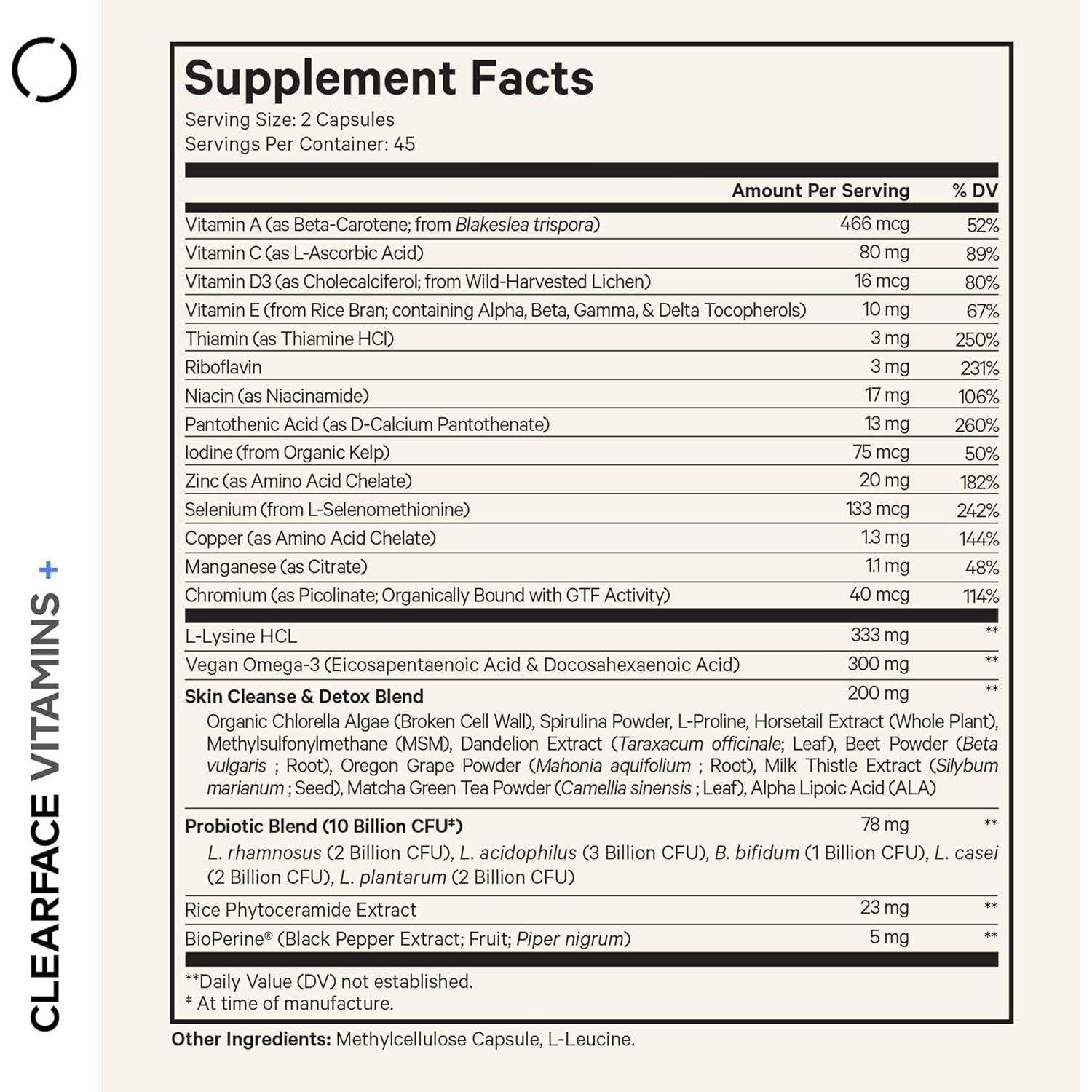 Codeage Clearface Vitamins+ (White) – 90 Capsules | Advanced Acne Support with Probiotics, Omega-3 & Skin-Loving Nutrients