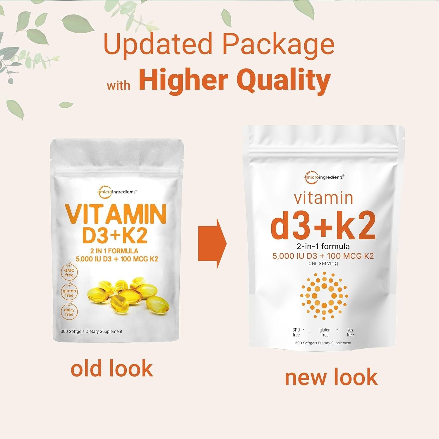 Micro Ingredients Vitamin D3 + K2 Supplement – 300 Softgels | 2-in-1 Bone, Heart & Immune Support with MK7 & Sunflower Oil