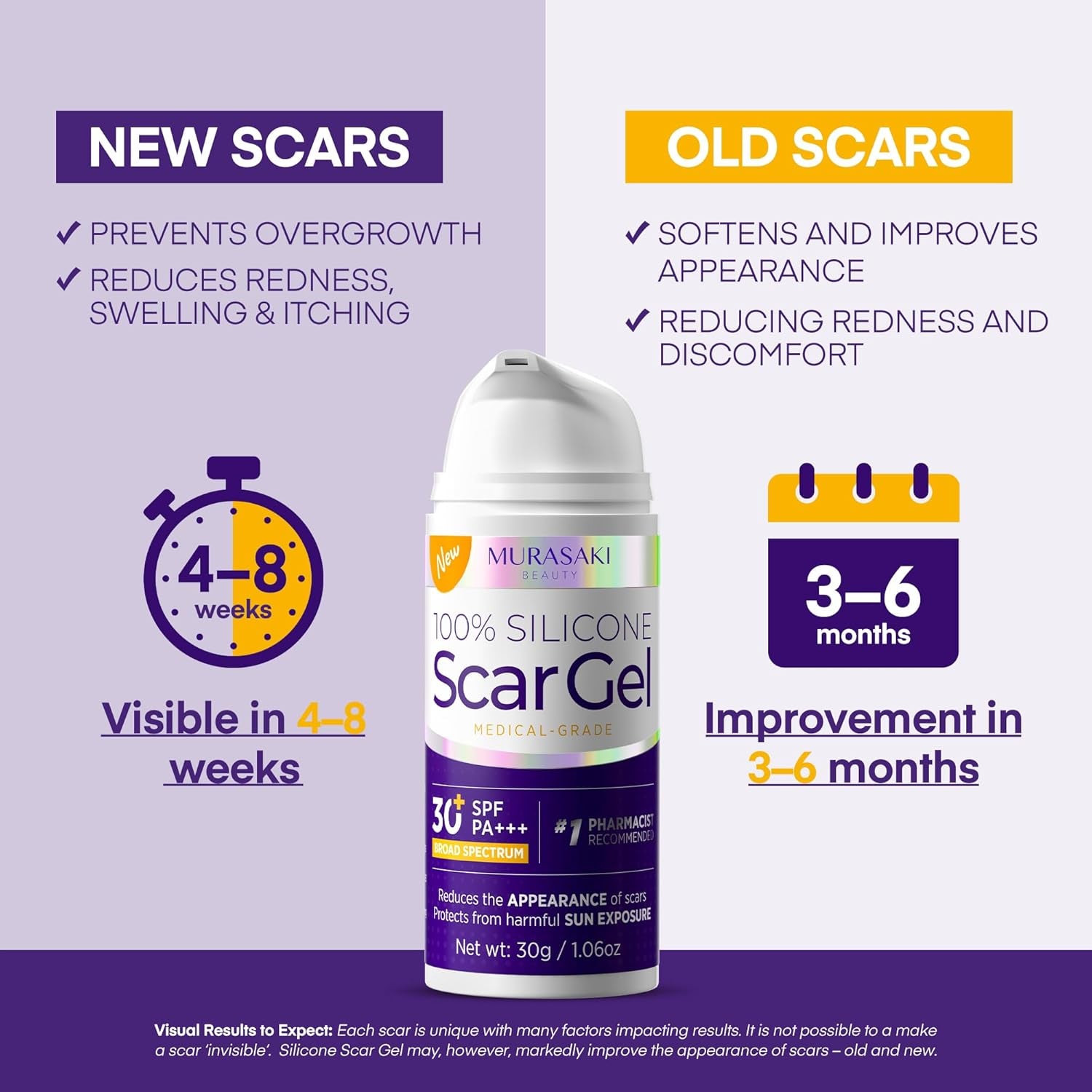 MURASAKI BEAUTY 100% Silicone Scar Gel with SPF 30 – 30g | Professional Scar Treatment for All Skin Types