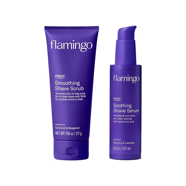 Flamingo Shaving Prep & Post-Care Set – Glow Shave Collection | Exfoliating Scrub & Soothing Serum