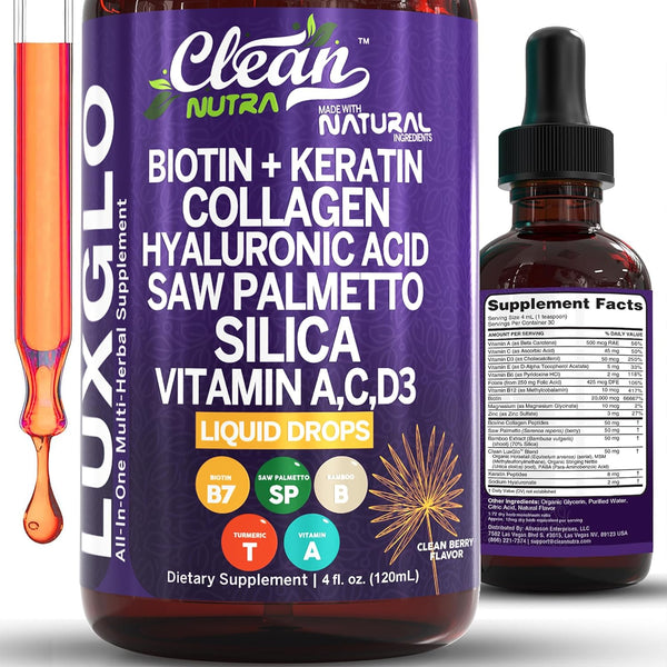 Clean Nutraceuticals LuxGlo All-in-One Multi-Herbal Supplement – 120ml | Liquid Biotin, Collagen, Hyaluronic Acid & More for Radiant Hair, Skin & Nails