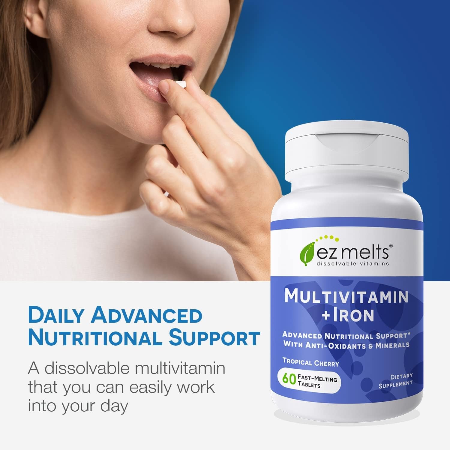 EZ Melts Dissolvable Multivitamin + Iron – 60 Tablets | Vegan Daily Nutritional Support with Tropical Cherry Flavor
