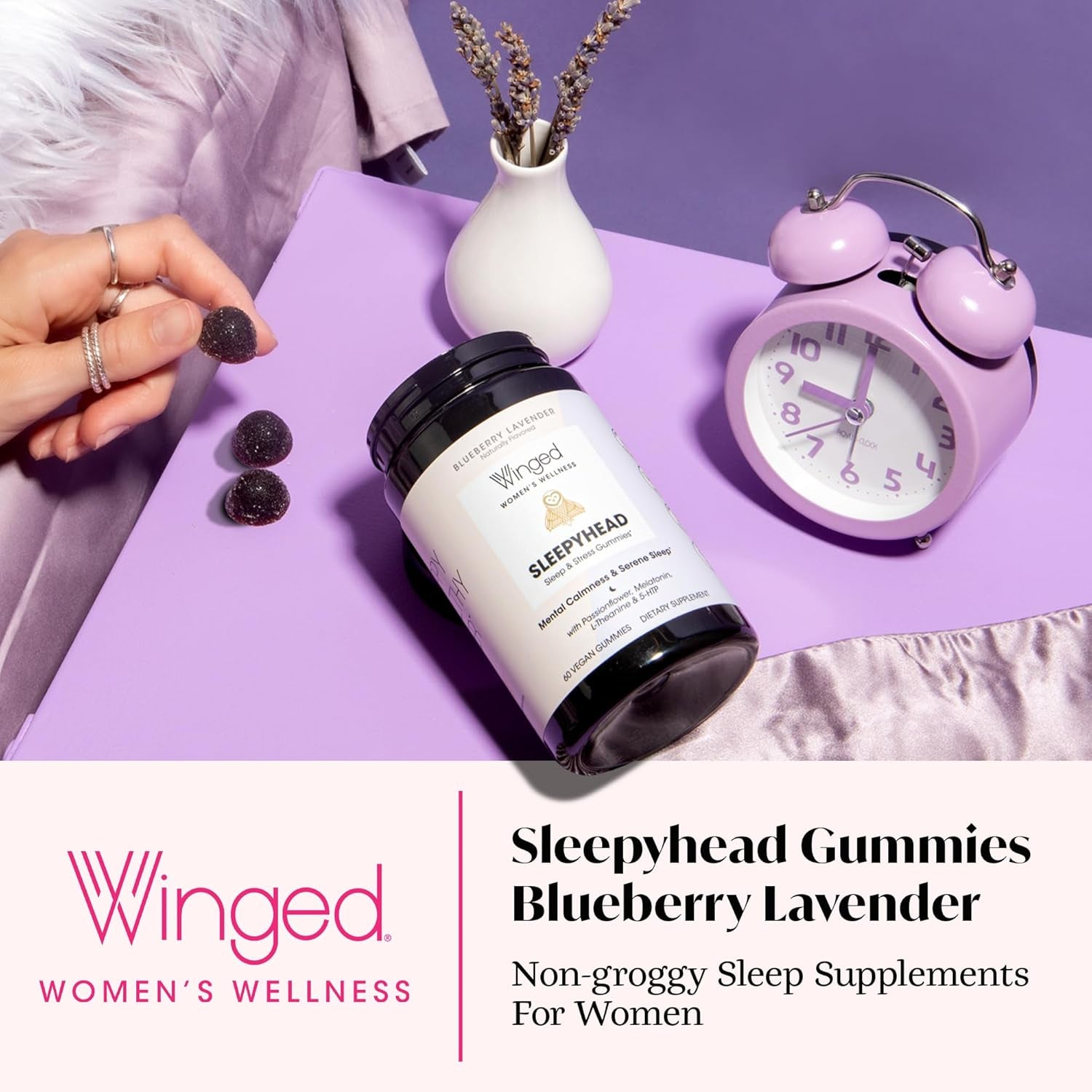 Winged Wellness Sleepyhead Calming Sleep Gummies for Women – 60 Gummies | Blueberry Lavender | Natural Melatonin & Herbal Support for Restful Sleep