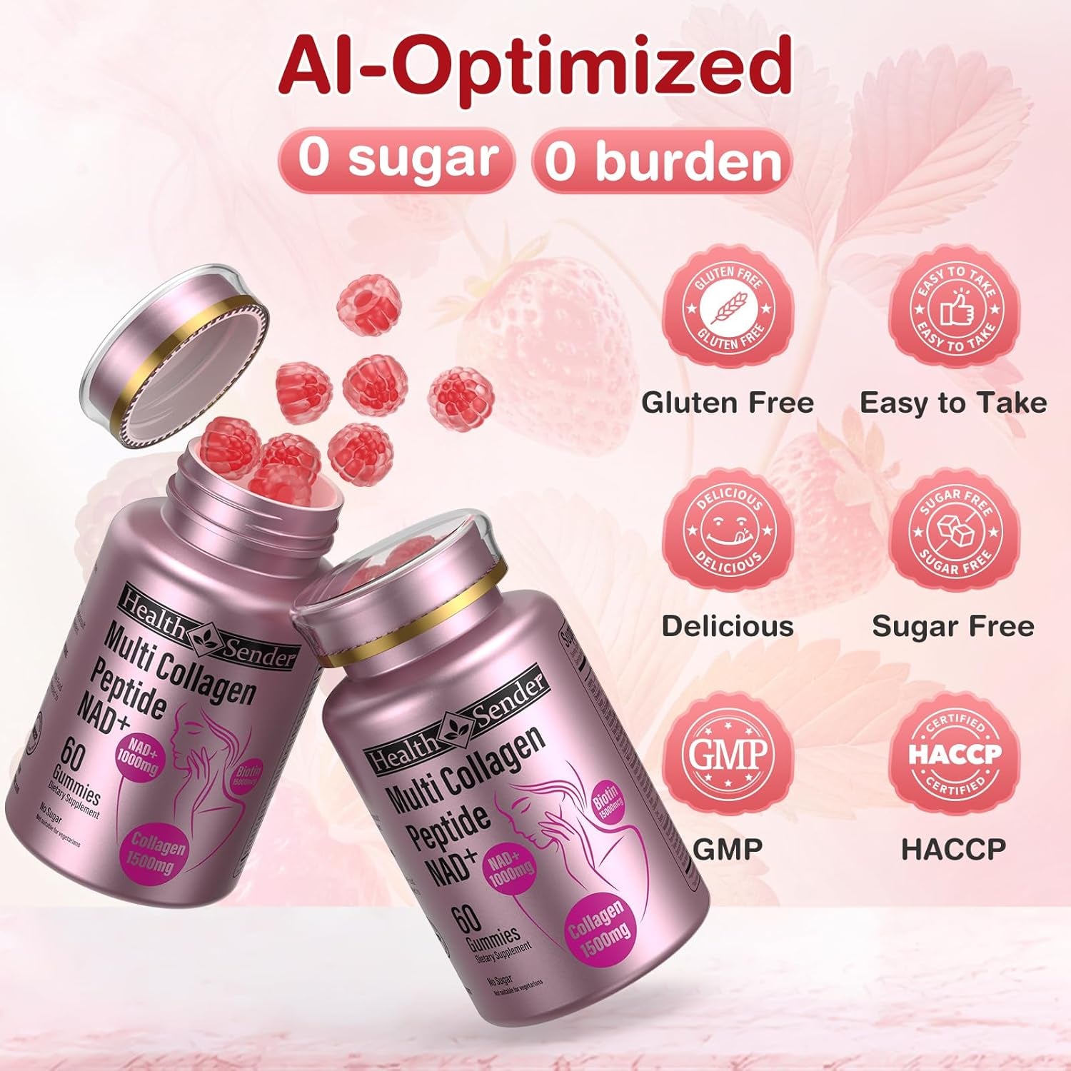 Collagen Peptide Gummies, Sugar-Free Woman &Man'S Proteins Collagen Gummy Filled 1500Mg Hydrolyzed Collagen Type I,Ii,Iii,V,X,1000Mg NAD 15000Mcg Biotin Supplement for Skin, Hair, Nails