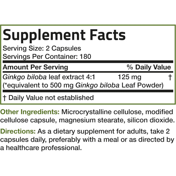 Ginkgo Biloba Extra Strength Supports Brain Function & Memory Support, 360 Vegetarian Capsules