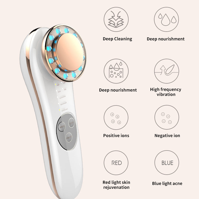 7-in-1 Electric Facial Cleanser & Beauty Device – Iontophoresis, LED Light Therapy & Essence Infusion | Rechargeable Home Spa Tool (White)