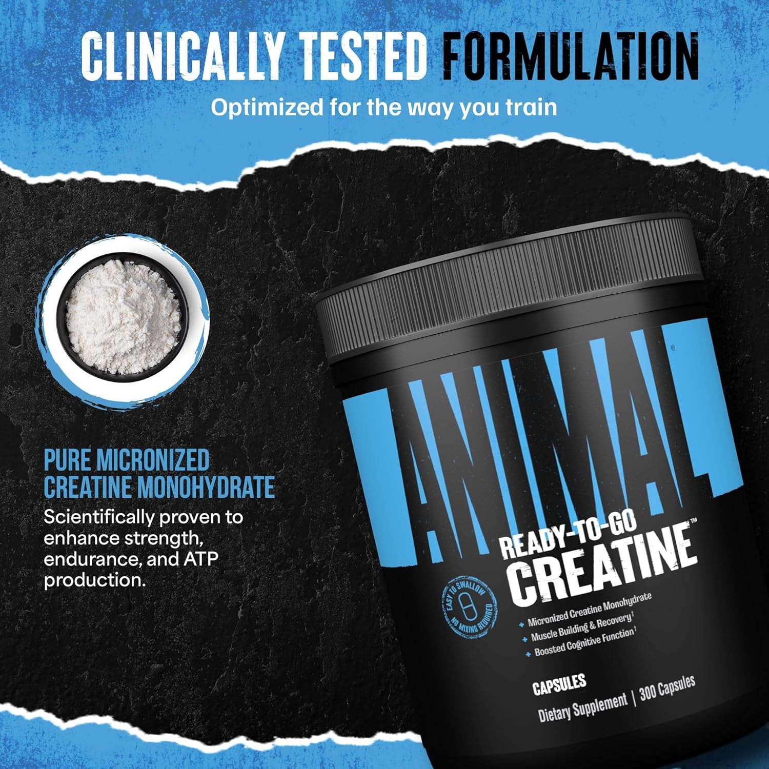 Animal Micronized Creatine Monohydrate Capsules – 300 Caps | 2,500mg Per Serving for Muscle Growth & Recovery