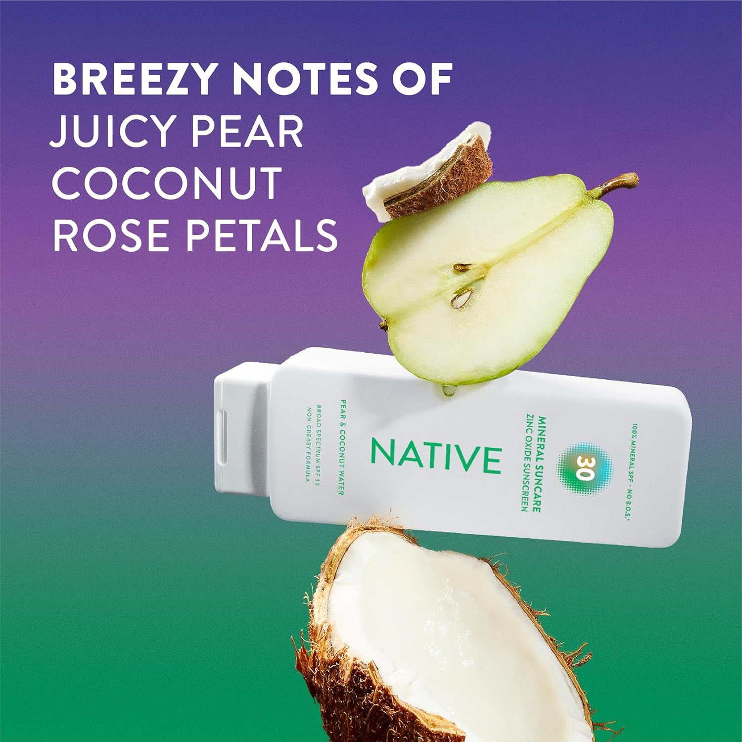 Sunscreen Lotion Pear & Coconut Water SPF 30, 100% Mineral SPF for Face & Body Broad Spectrum UVA UVB for Men & Women, Suitable for Sensitive Skin & Hawaii Compliant, Lightweight, 7Oz