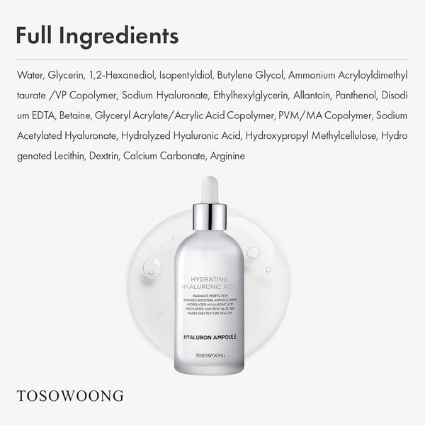 Hyaluronic Acid Ampoule, Hydrating Glow and Skin Barrier Protection, Anti-Aging Face Serum for Dry Skin, Korean Skincare Beauty Products, 100Ml, 3.38 Fl. Oz.