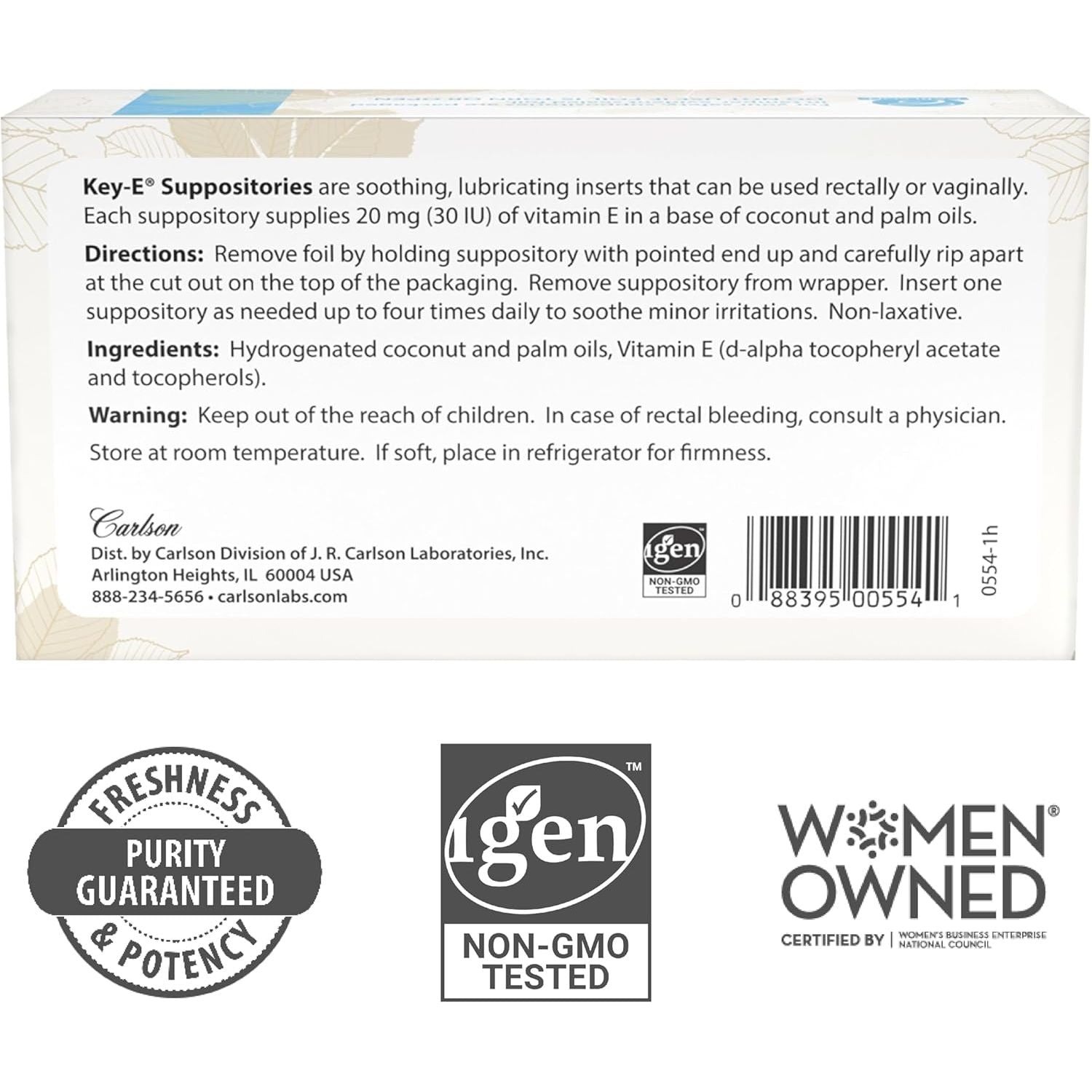 Carlson- Key-E Suppositories, 30 IU Vitamin E Suppository, Lubricates Dry Areas, Treatment for Women and Men, Vaginal & Rectal, 24 Count