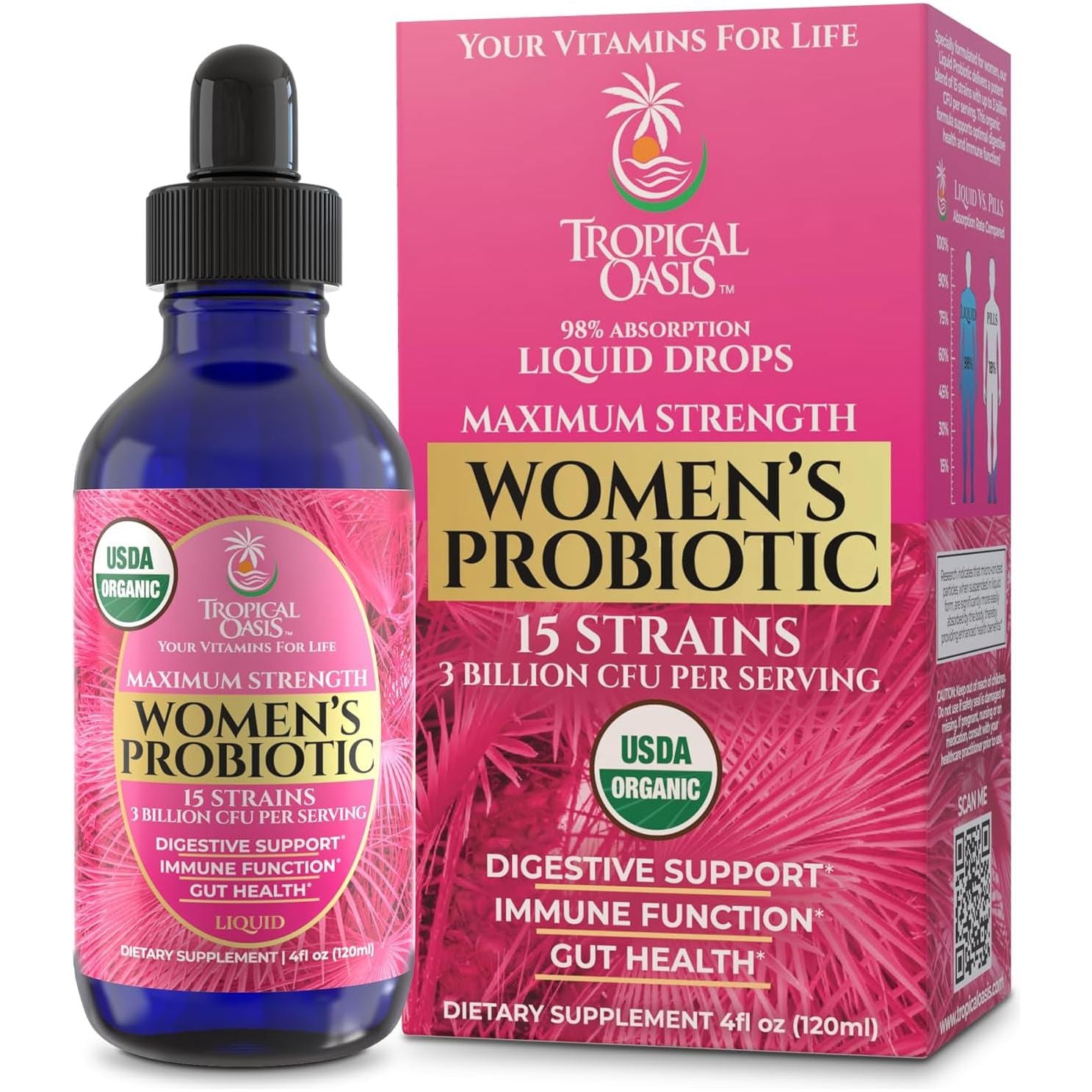 Tropical Oasis Women's Probiotic – 120ml | USDA Organic Liquid Probiotics for Gut & Immune Health