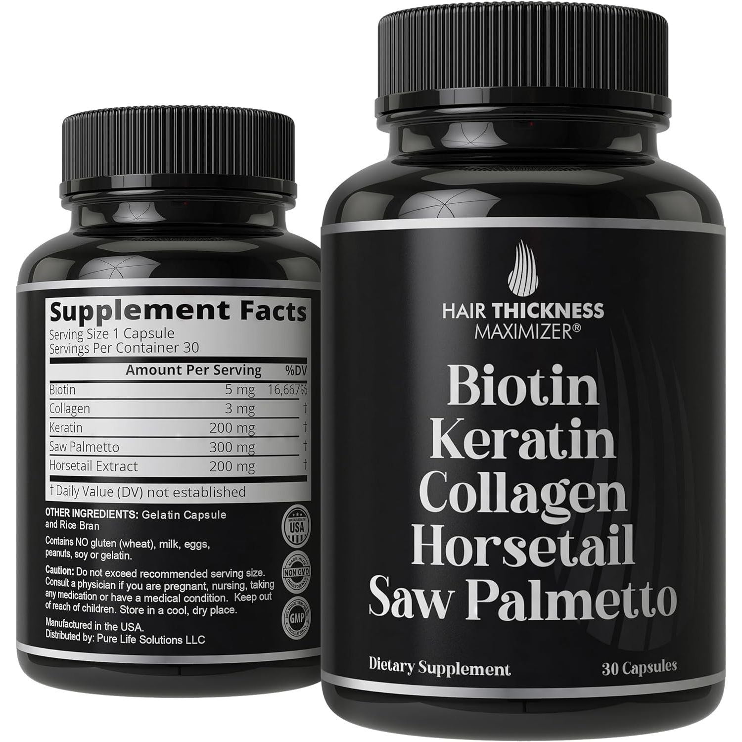 Hair Thickness Maximizer Biotin, Keratin, Collagen, Horsetail, Saw Palmetto – 5-In-1 Hair Growth Supplement - 30 Capsules