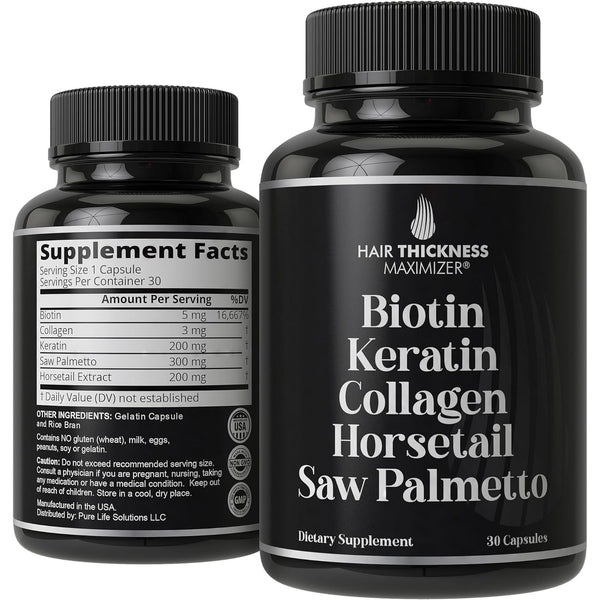Hair Thickness Maximizer Biotin, Keratin, Collagen, Horsetail, Saw Palmetto – 5-In-1 Hair Growth Supplement - 30 Capsules
