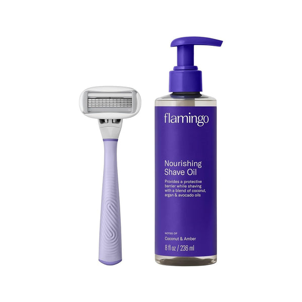 Flamingo Razor Shaving Set for Women – Lilac | 5-Blade Razor, Nourishing Shave Oil & Shower Holder