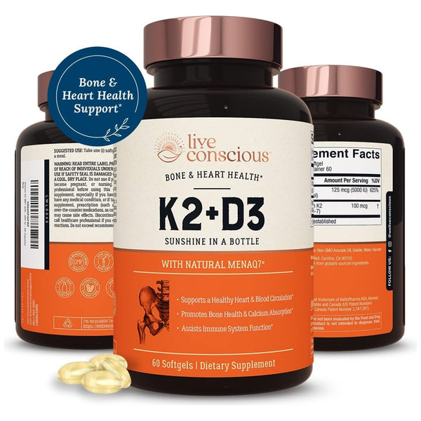 Live Conscious K2 + D3 Supplement – 60 Softgels | Bone Strength, Heart Health & Immune Support