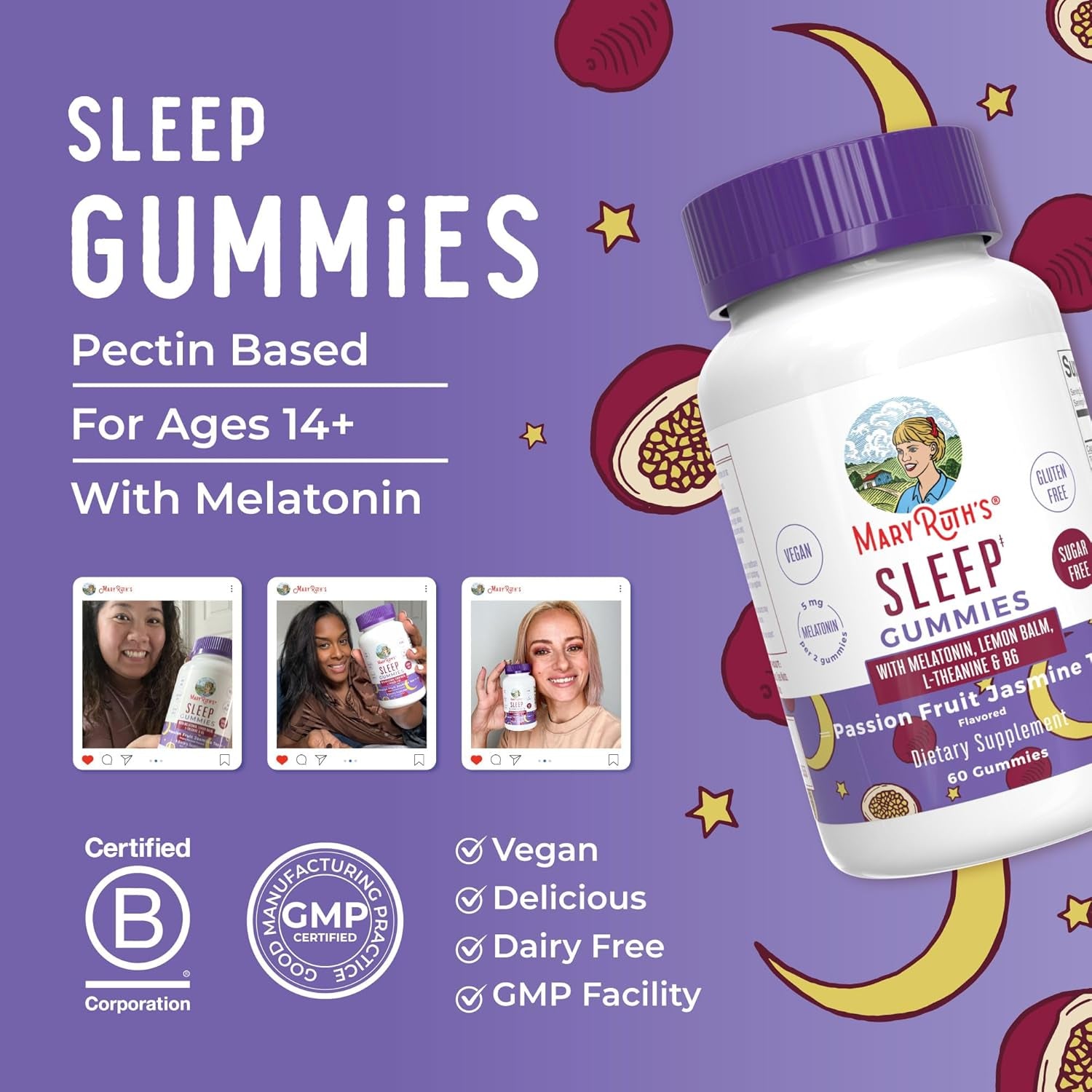 MaryRuth Organics Sleep Gummies – 60 Gummies | Vegan Melatonin with L-Theanine & Lemon Balm for Restful Sleep