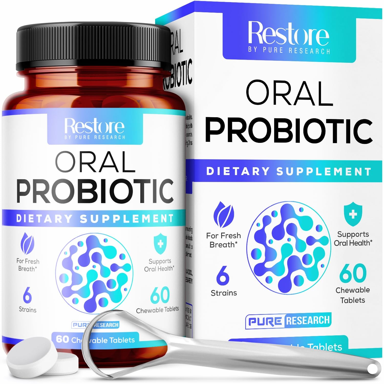 Pure Research RESTORE Oral Probiotic – 60 Chewable Tablets | Mint Flavour | Fresh Breath, Gum & Dental Health Support