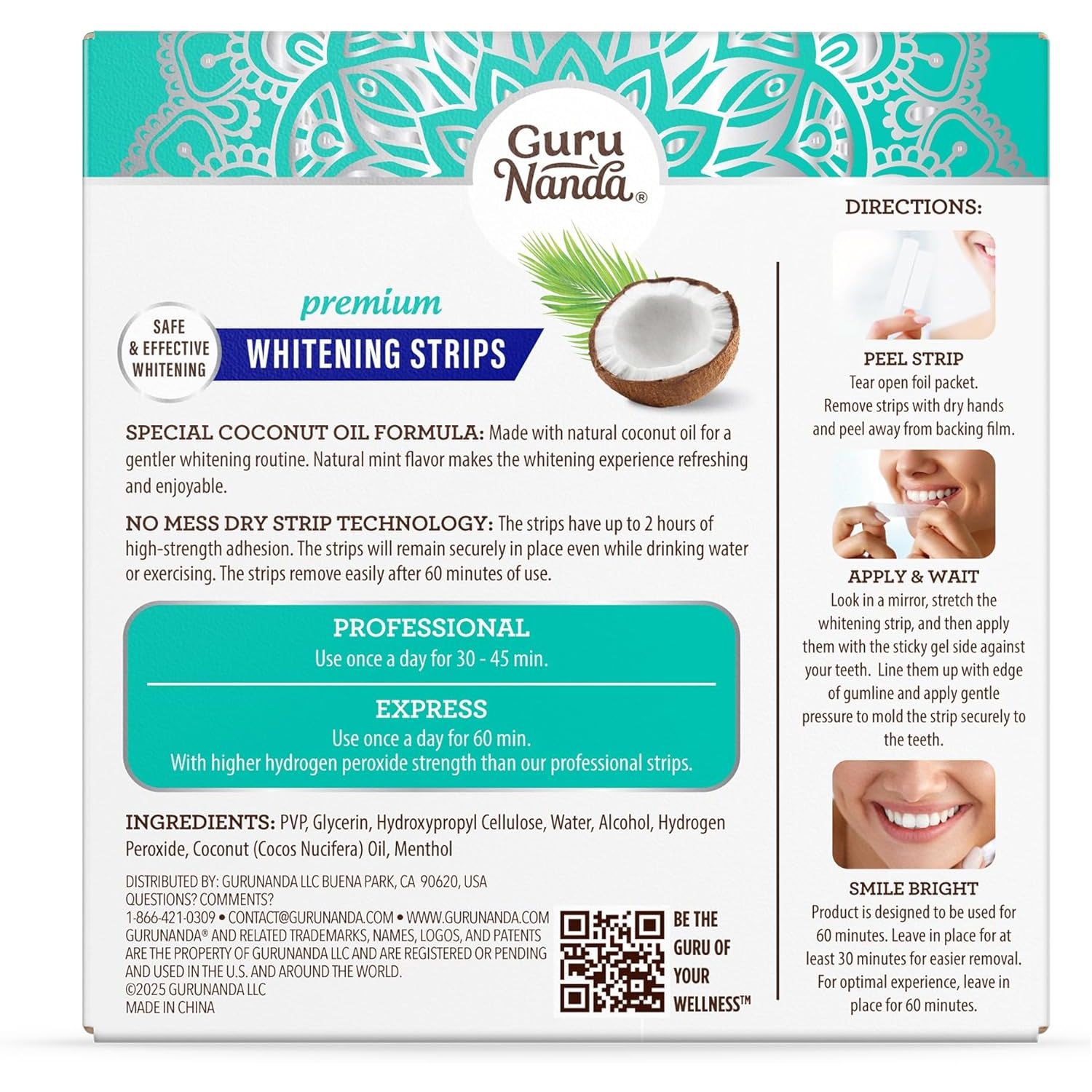 GuruNanda Premium Whitening Strips – 7 Treatments (14 Strips) | Fast Whitening, Stain Removal & Enamel Care