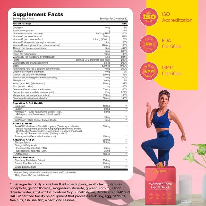 Universal U Women's Total Health Pack – 30 Daily Pill Packs | All-in-One Multivitamin for Energy, Immunity, Gut & Hormone Support