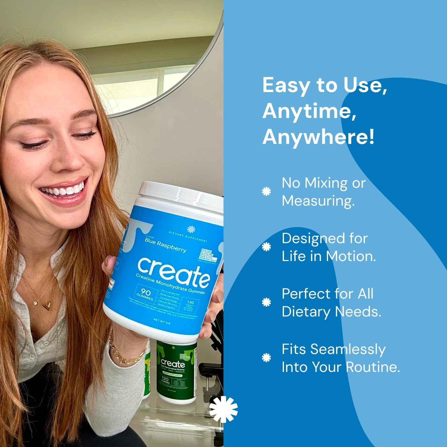 Creatine Monohydrate Gummies for Men & Women, Boost Focus, Strength, and Endurance, Anti-Melting Formula, Vegan, Gluten-Free, Non-Gmo, 1.5G of Creatine per Gummy (Blue Raspberry, 90 Ct)
