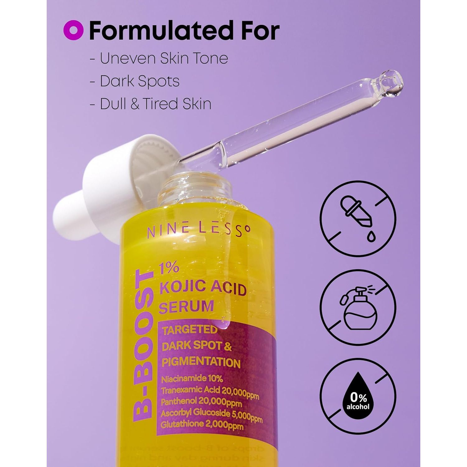 NINELESS B-Boost 1% Kojic Acid Serum – 30ml | Brightening & Pigment-Correcting Serum with Niacinamide, Tranexamic Acid & Peptides