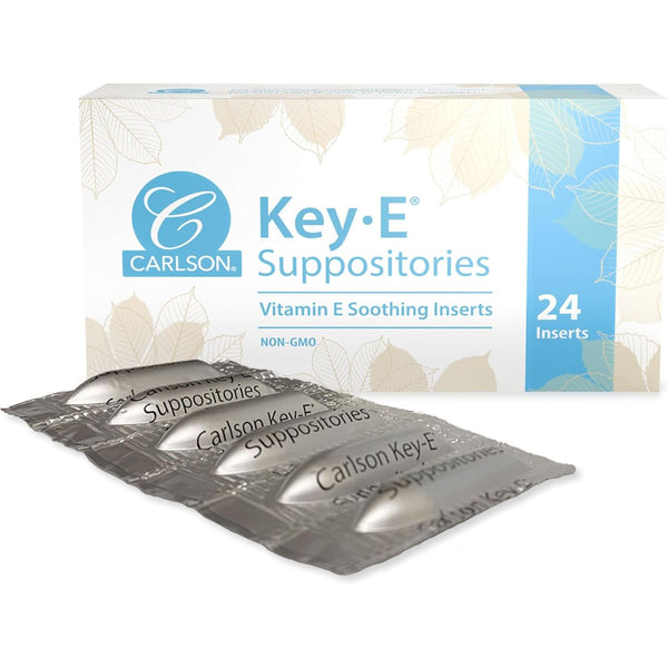 Carlson- Key-E Suppositories, 30 IU Vitamin E Suppository, Lubricates Dry Areas, Treatment for Women and Men, Vaginal & Rectal, 24 Count