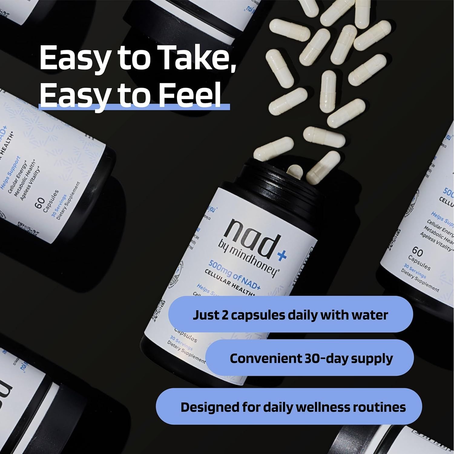 MINDHONEY NAD+ Energy & Cellular Vitality Supplement – 60 Capsules | Boost Focus, Stamina & Anti-Ageing Support