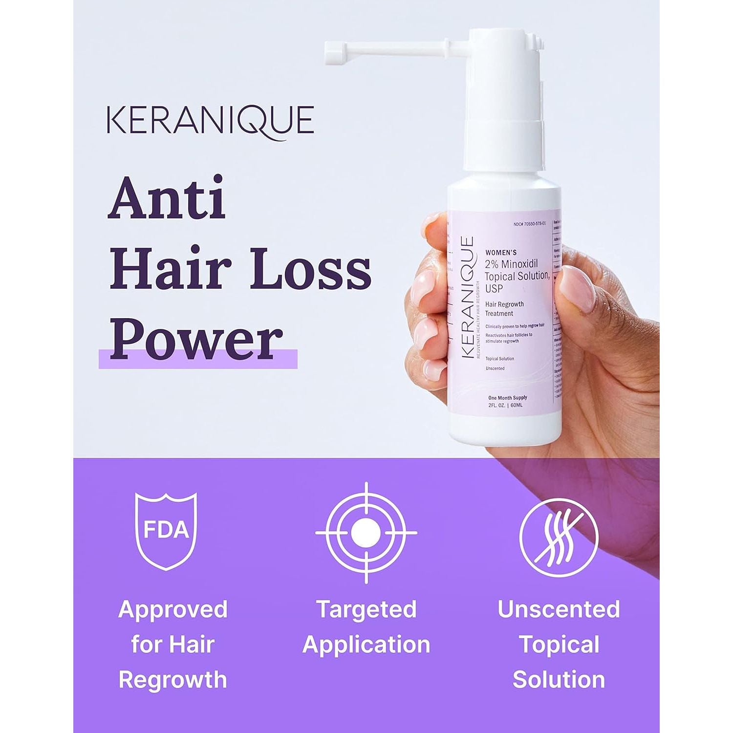 Keranique Women’s 2% Minoxidil Topical Solution – 60ml | Clinically Proven Hair Regrowth Treatment for Thicker, Fuller Hair