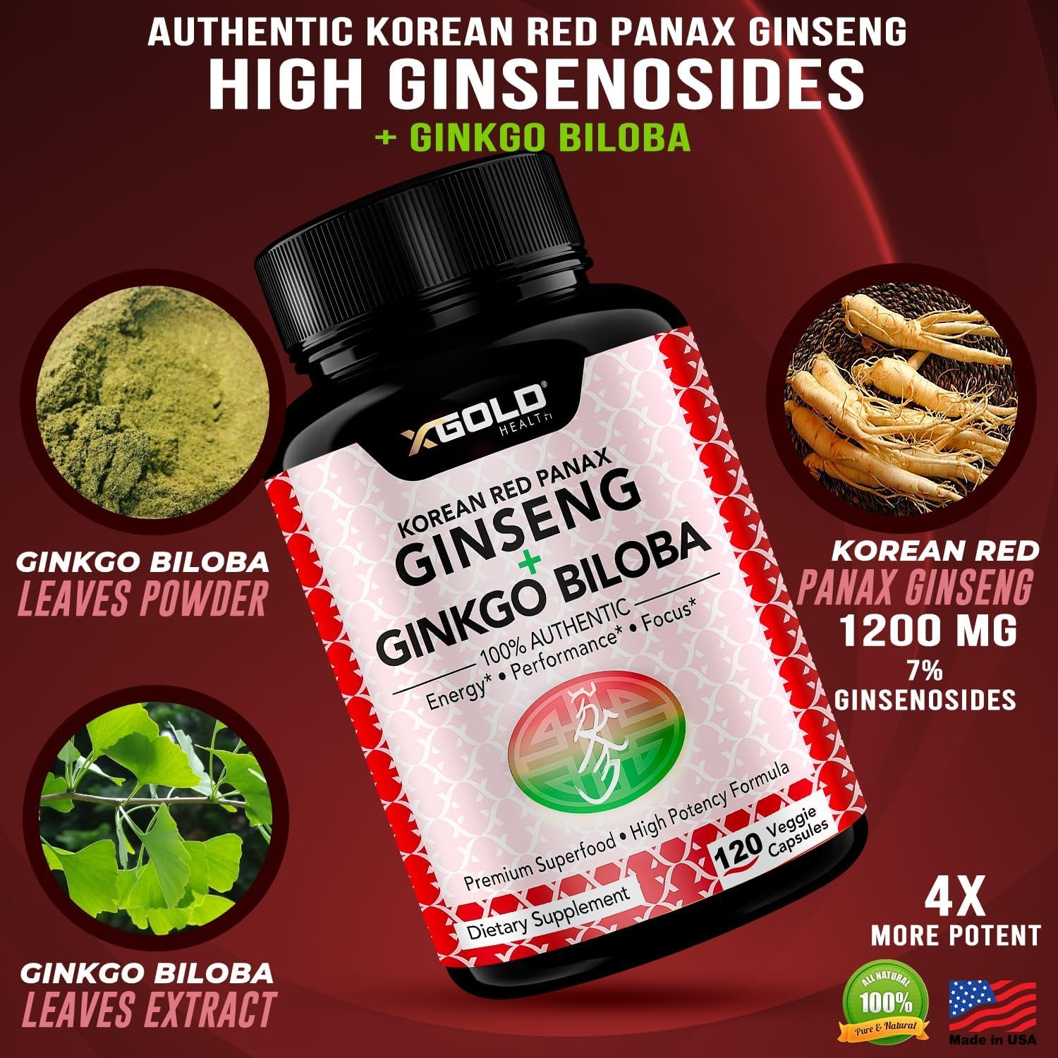 X Gold Health Korean Red Panax Ginseng + Ginkgo Biloba – 120 Capsules | Natural Energy, Focus & Mental Clarity