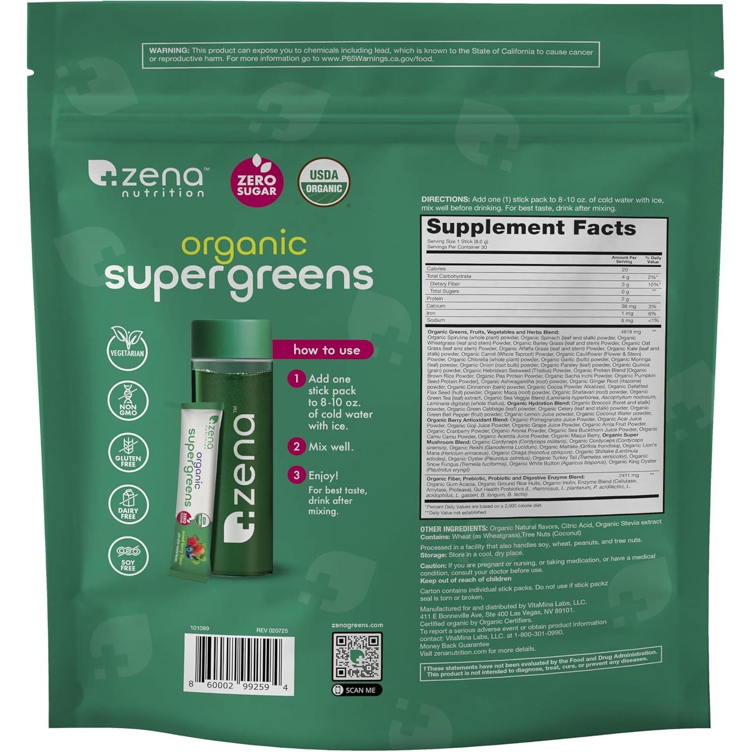 Zena Nutrition Organic Super Greens Powder – Mixed Berry, 30 Stick Packs | 70+ Superfoods & Probiotics