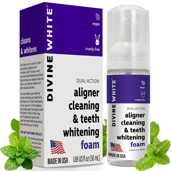 DIVINE WHITE Dual-Action Aligner Cleaning & Teeth Whitening Foam – 50ml | 2-in-1 Clear Aligner Cleaner & Instant Whitening