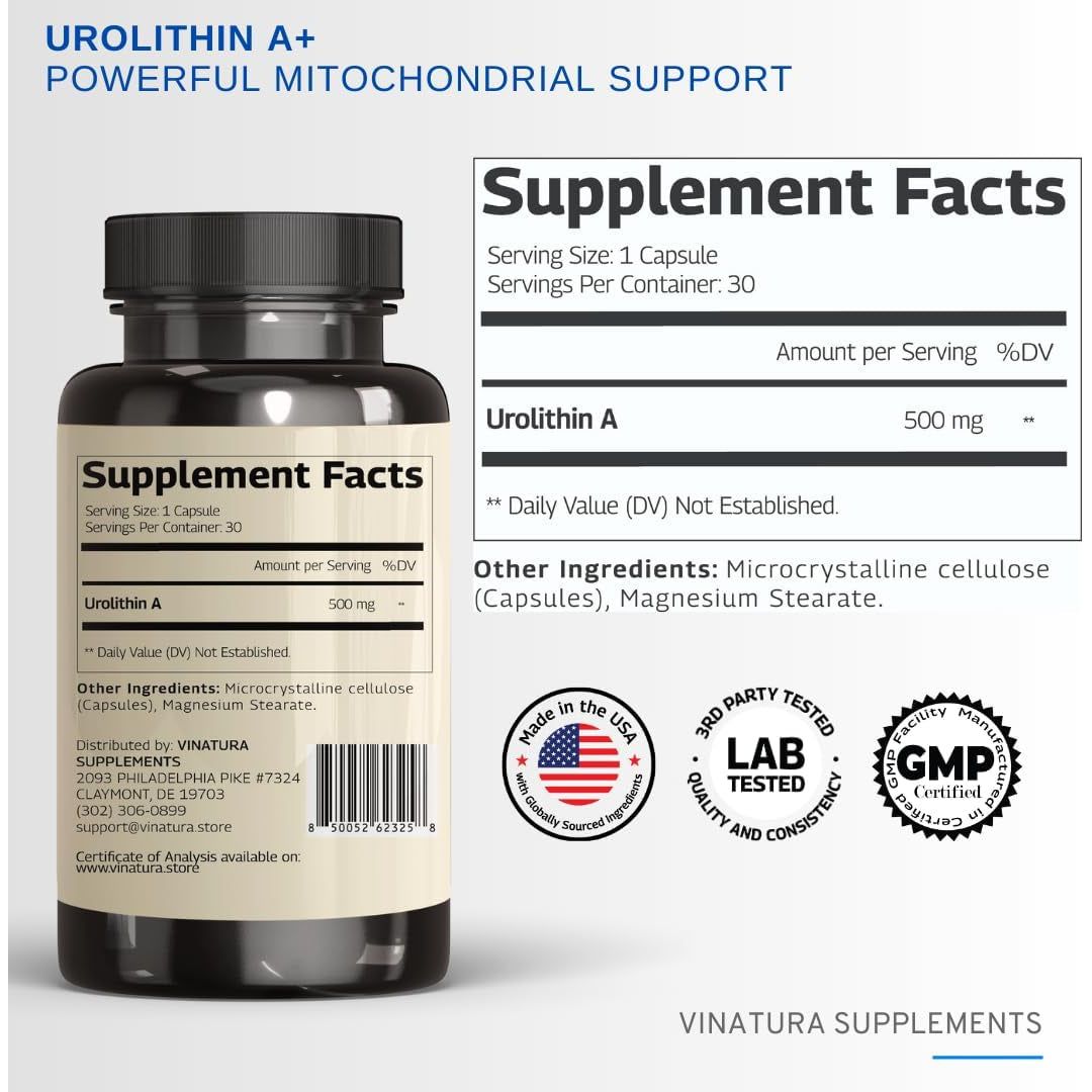 VINATURA Urolithin A+ – 500mg, 30 Capsules | Mitochondrial Health & Anti-Aging Cellular Energy Support