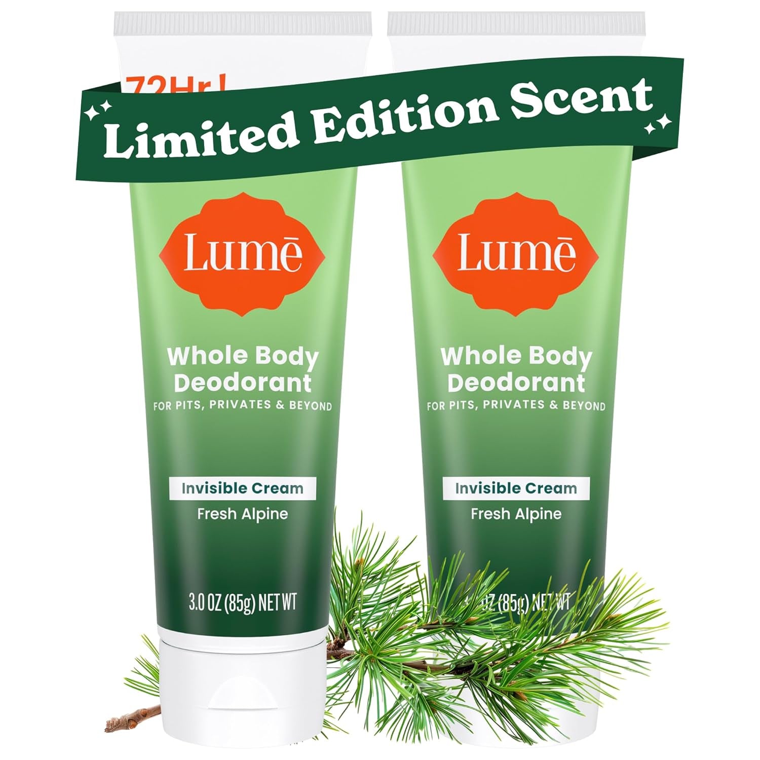 Lume Whole Body Deodorant - Invisible Cream (Fresh Alpine) - 85g  (Pack of 2) 
