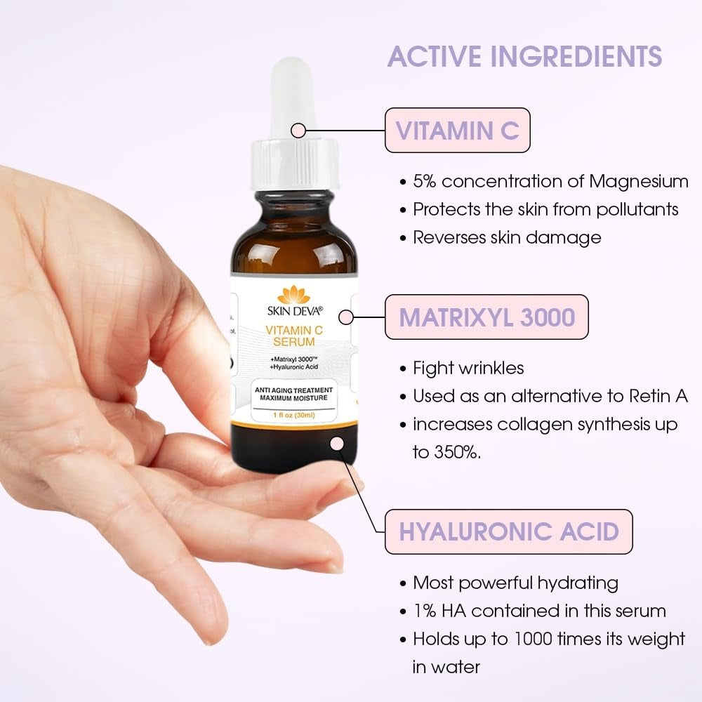 SKIN DEVA Vitamin C Serum + Matrixyl 3000™ + Hyaluronic Acid – 30ml | Brightening, Anti-Wrinkle & Hydrating
