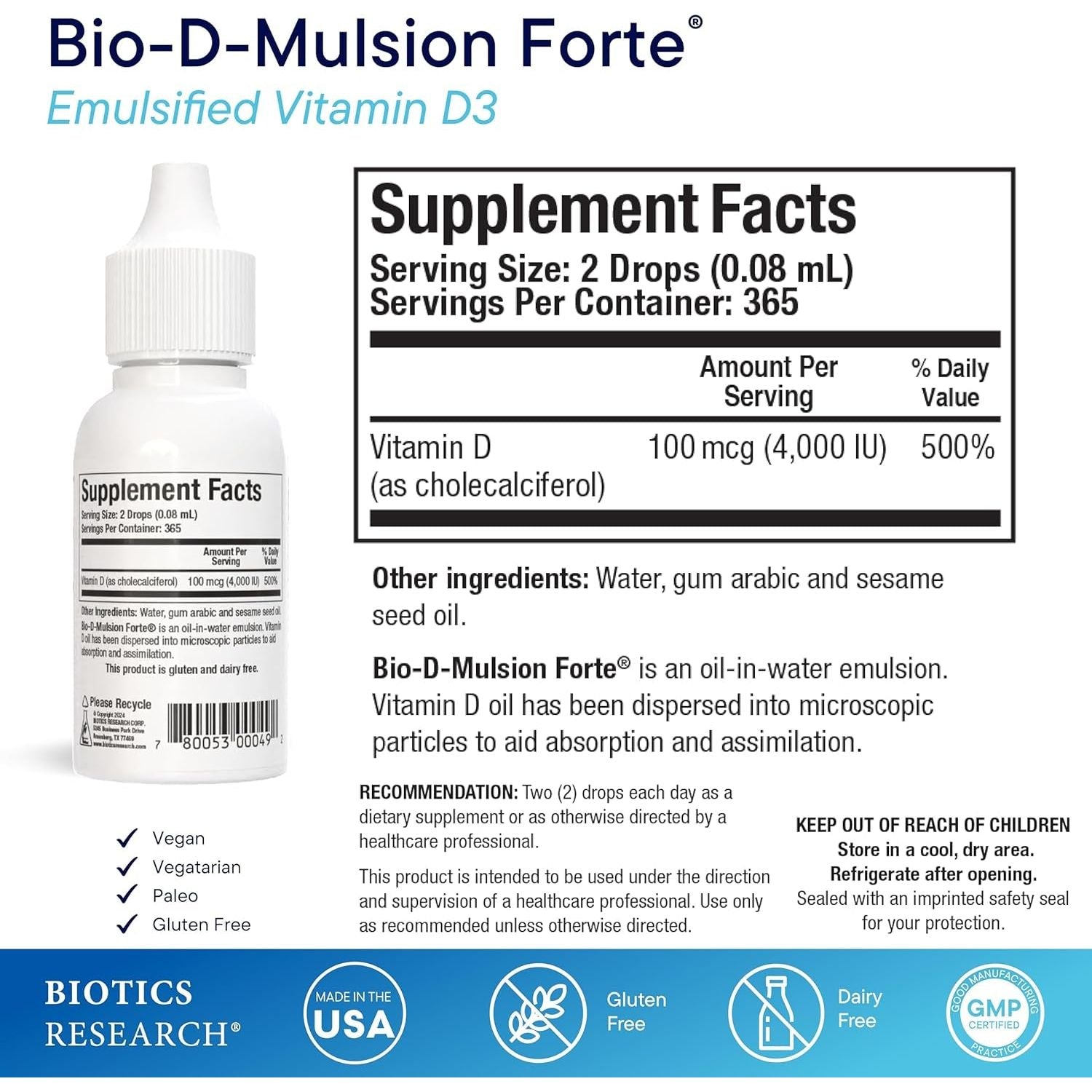 Biotics Research Bio-D-Mulsion Forte – 30ml | High-Potency Liquid Vitamin D for Bone, Immune & Cognitive Support