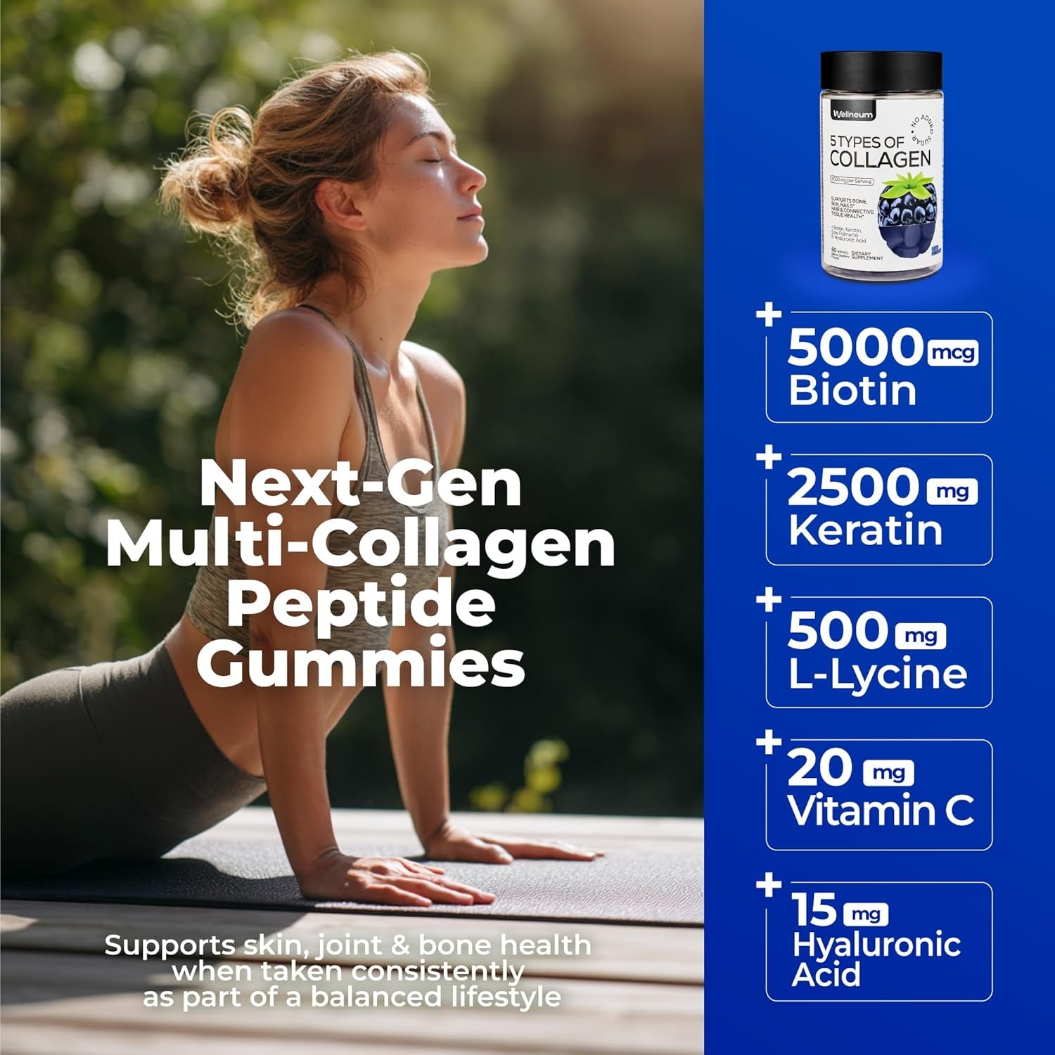 Collagen Peptides Gummies Sugar Free, 3000Mg Multi Collagen Blend + 2500Mg Keratin + 5000Mcg Biotin, with Vitamin C, Zinc & Hyaluronic Acid, Non-Gmo, 60 Gummies (30 Servings)