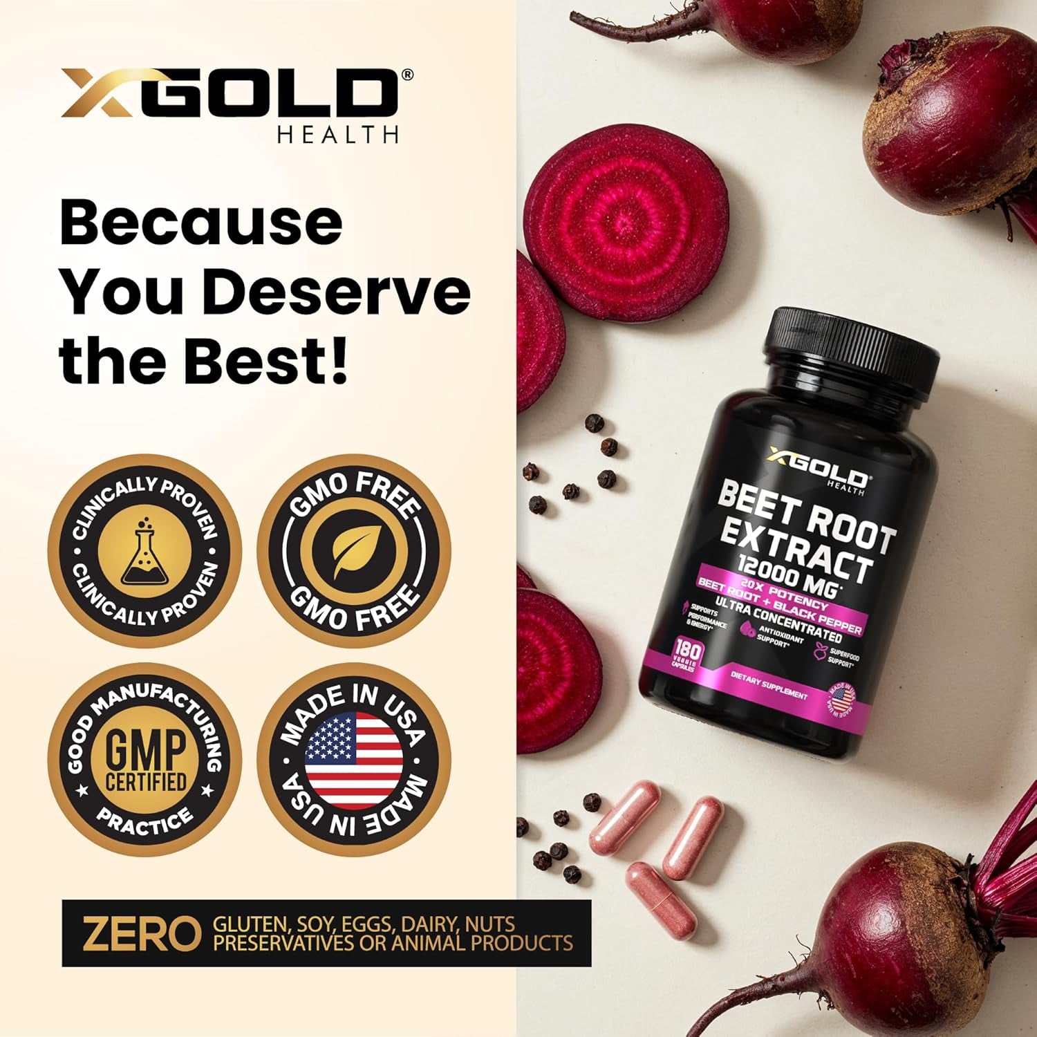 X Gold Health Beet Root Extract 12000mg – 180 Capsules | High-Potency Nitric Oxide Booster for Energy, Endurance & Circulation