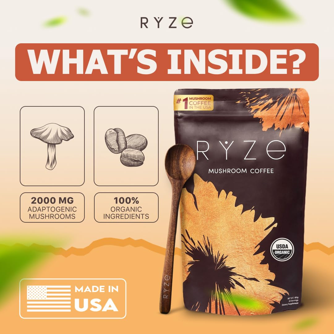 RYZE Superfoods Mushroom Coffee – 180g, 30 Servings | Adaptogenic Energy, Focus & Immunity Support