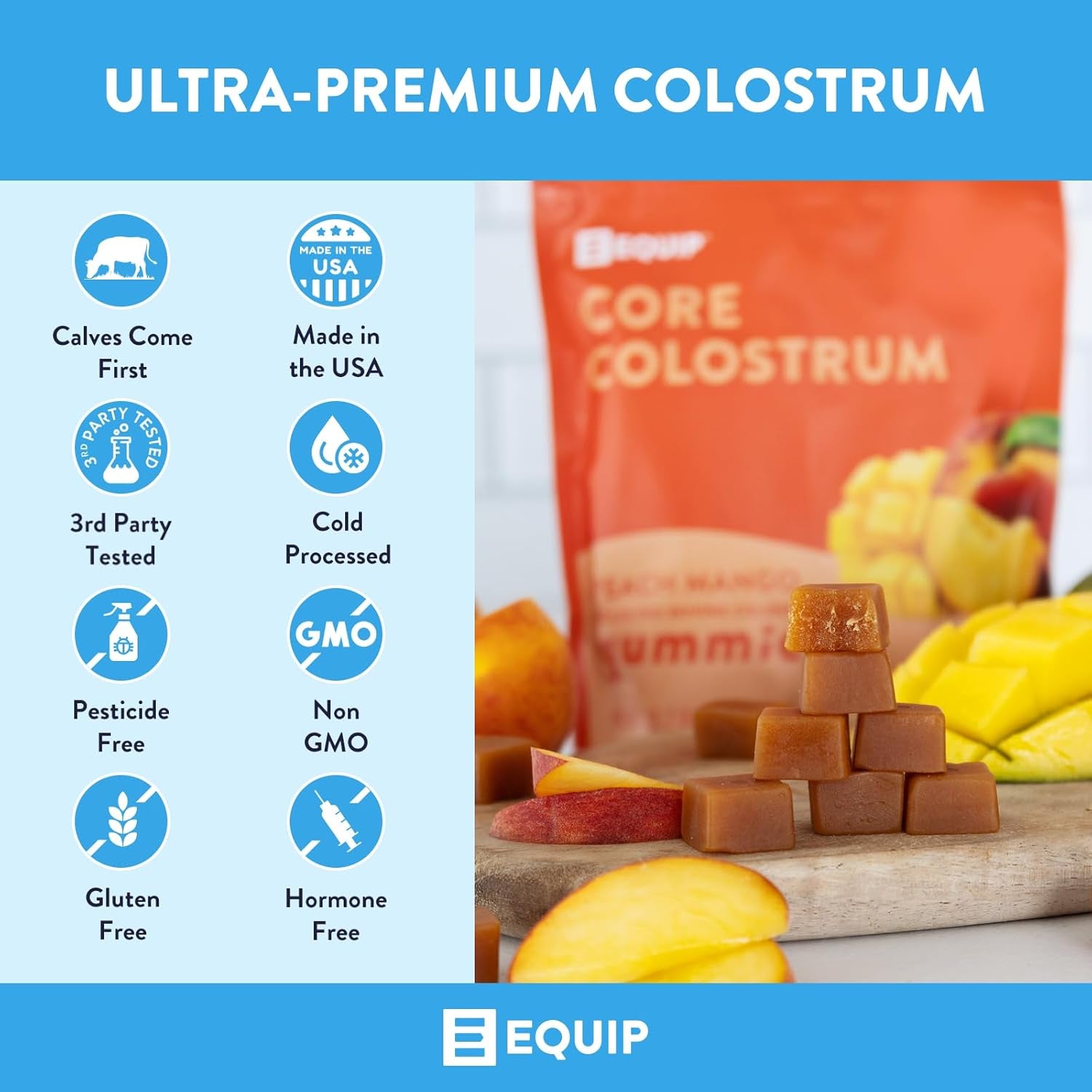 Foods Core Colostrum Gummies | Delicious and Convenient | 1G Ultra-Premium Grass Fed Colostrum per Serving | Gut Health, Immunity, Hair and Skin | 60 Gummies, 30 Servings, Peach Mango