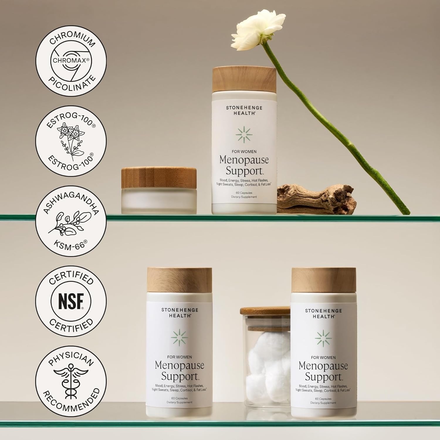 for Women Menopause Support for Peri + Menopause + Post - Mood, Energy, Stress, Hot Flashes, Night Sweats, Sleep & Cortisol, Chromax Chromium, Vitamin D3, KSM-66 Ashwagandha Extract