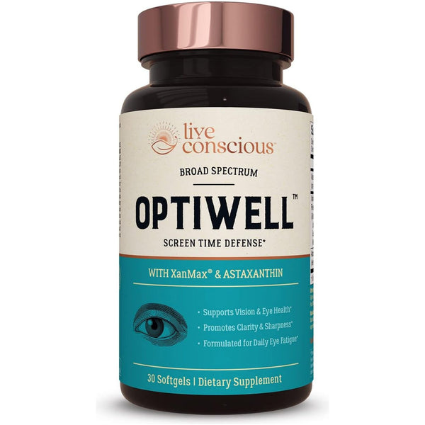 Live Conscious OPTIWELL Screen Time Defense – 30 Softgels | Blue Light Eye Support + Vision Protection