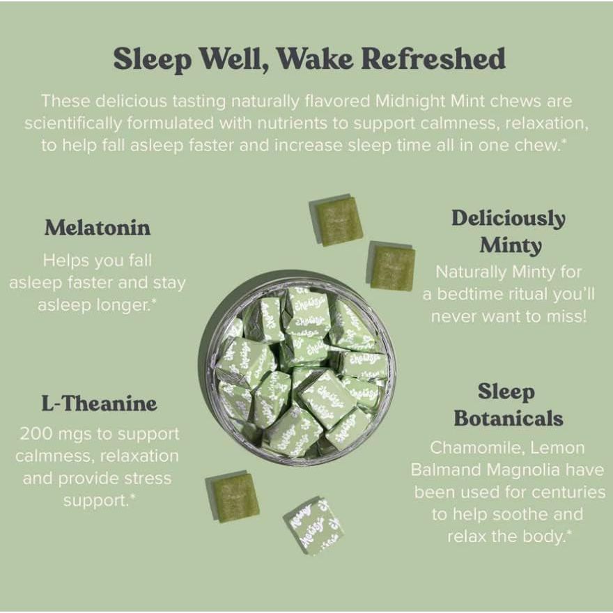 Chewsy Peaceful Sleep Chews – Midnight Mint, 30 Chews | Fast-Acting Melatonin Sleep Aid with L-Theanine & Botanicals