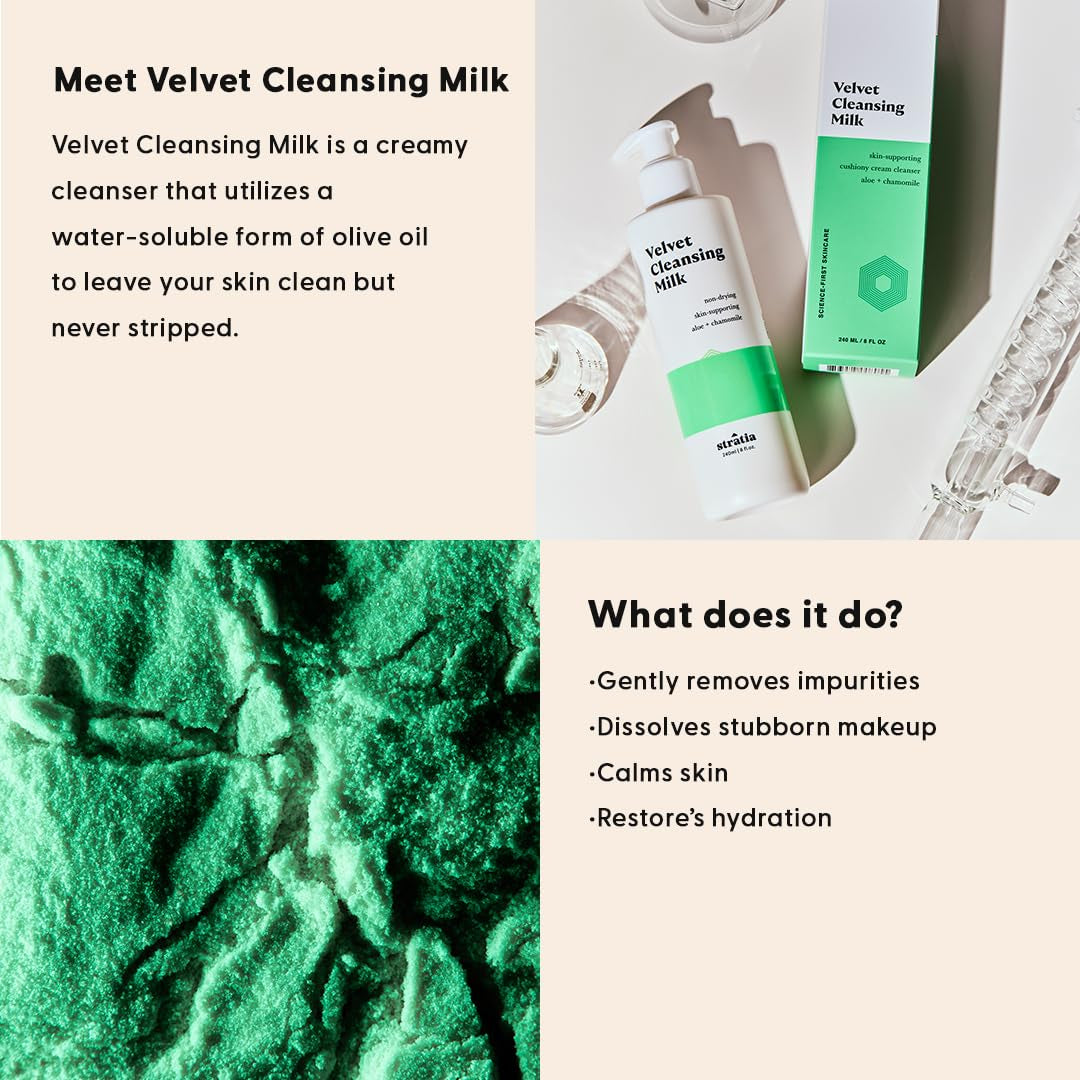 Velvet Cleansing Milk - Gentle Cream Face Cleanser, Moisturizing & Non-Foaming with Chamomile, Olive Oil & Aloe Vera, 8 Fl Oz