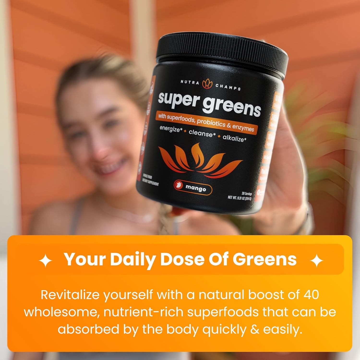 NutraChamps Super Greens Powder | Mango Flavor– 249g, 30 Servings | 40+ Nutrients & Probiotics