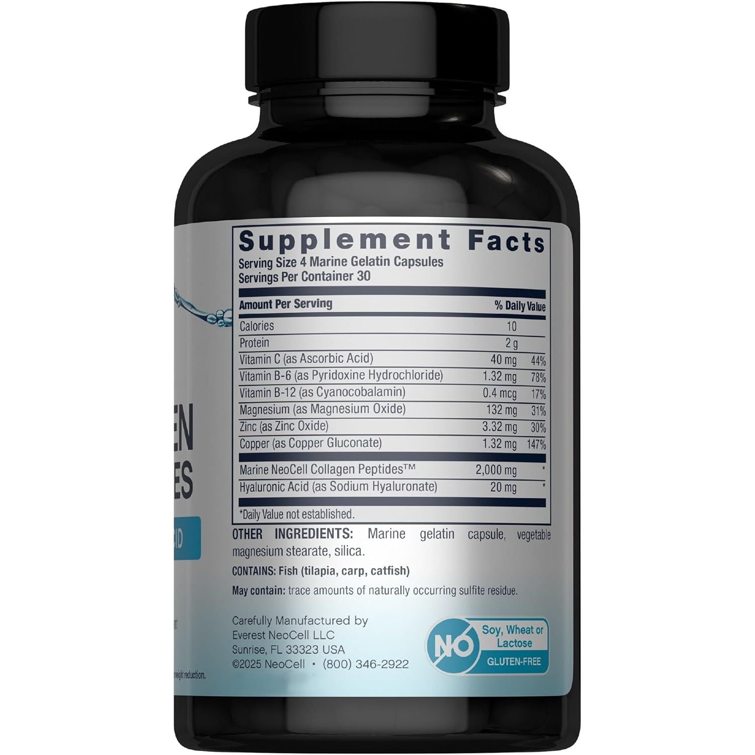 Marine Collagen Peptides Capsules | 120 Pills | with Hyaluronic Acid | plus Vitamin C | for Women and Men