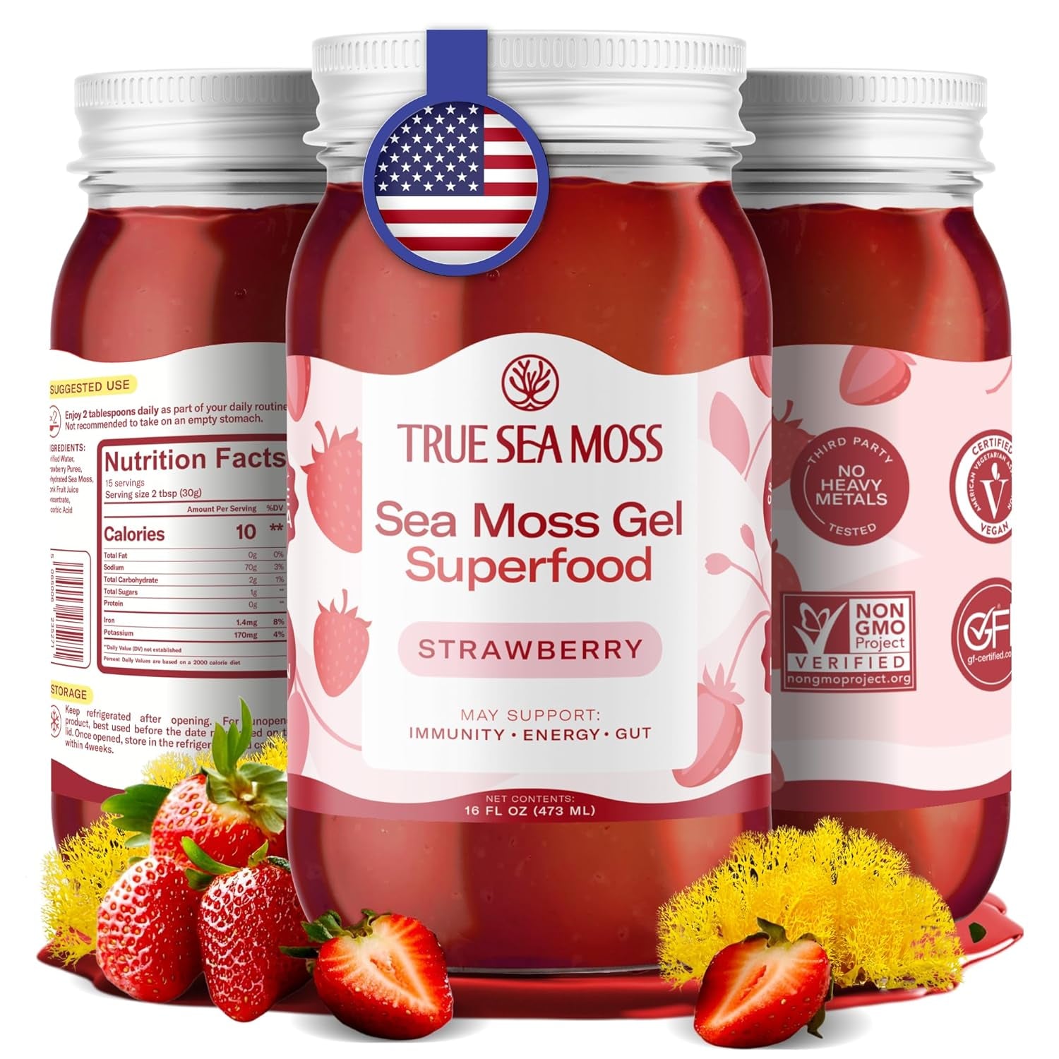 TrueSeaMoss Sea Moss Gel Superfood – 473ml, Strawberry Flavor | Immunity, Energy & Digestion Support