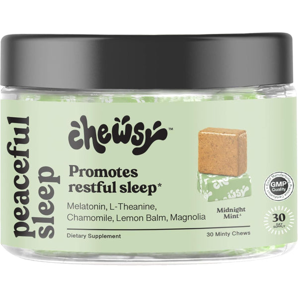 Chewsy Peaceful Sleep Chews – Midnight Mint, 30 Chews | Fast-Acting Melatonin Sleep Aid with L-Theanine & Botanicals