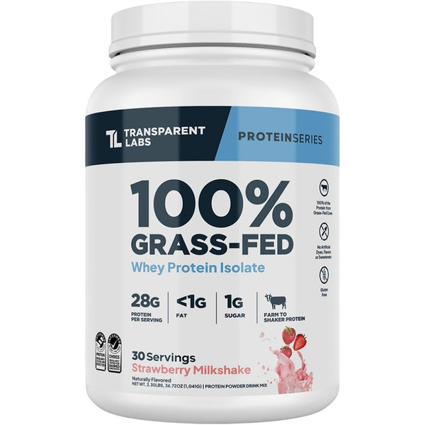 Grass-Fed Whey Protein Isolate - Natural Flavor, Gluten Free Whey Protein Powder W/ 28G of Protein per Serving & 9 Essential Amino Acids - 30 Servings, Strawberry Milkshake