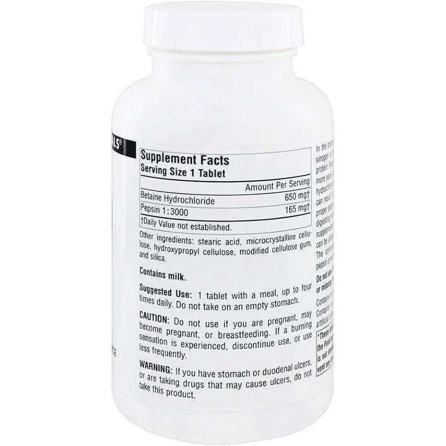 Source Naturals Betaine HCl With Pepsin 650mg (180 Capsules) – Digestive Support & Absorption