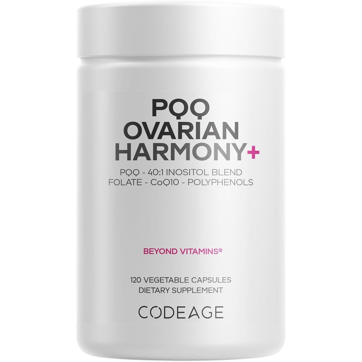 Codeage PQQ Ovarian Harmony+ | 120 Vegetable Capsules | Advanced Women’s Supplement with PQQ, Myo-Inositol & D-Chiro-Inositol, Folate 5-MTHF & CoQ10, Wild Blueberry & Pomegranate Extracts